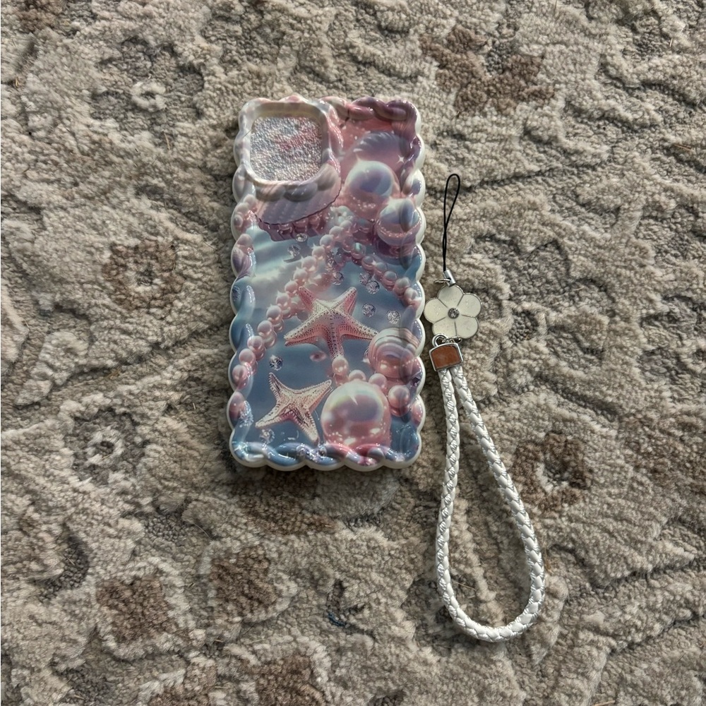 iPhone 13 Pink and Blue Seashell Phone Case with Strap